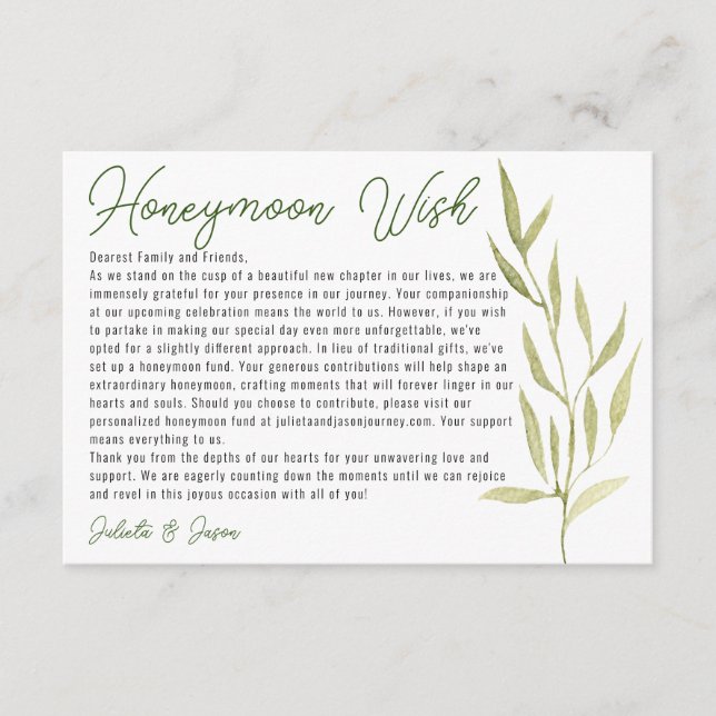 Eucalyptus Green Leaves Greenary Honeymoon Wish  Enclosure Card (Front)
