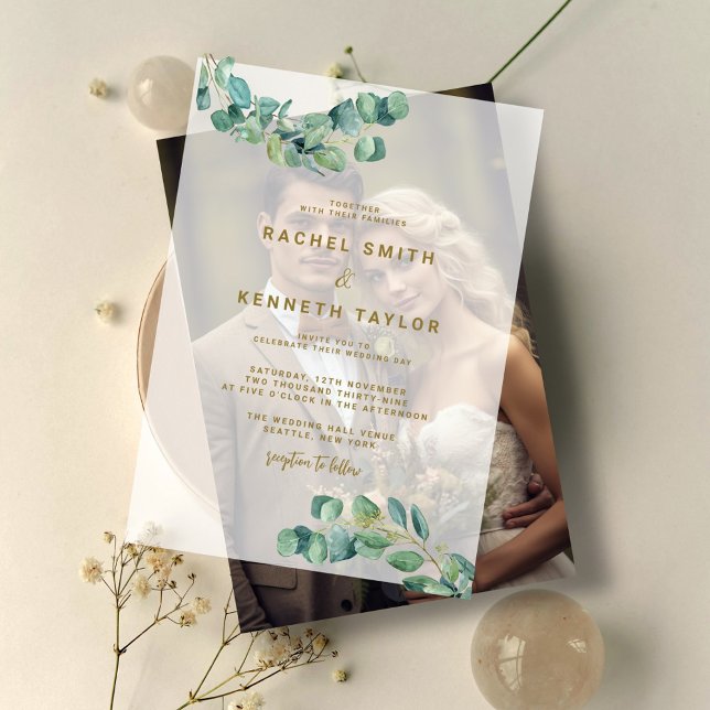 Eucalyptus Green Leaves Minimalist Rustic Wedding Vellum Invitations (Creator Uploaded)