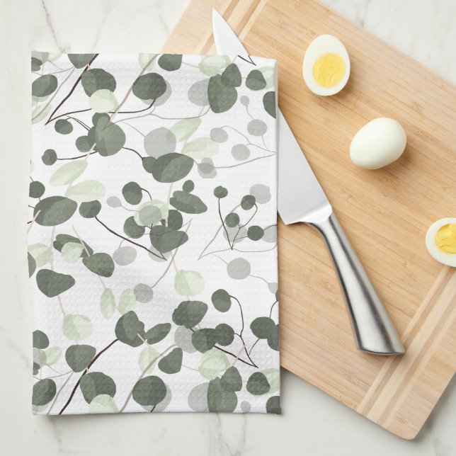 Eucalyptus Green leaves pattern Tea Towel (Quarter Fold)