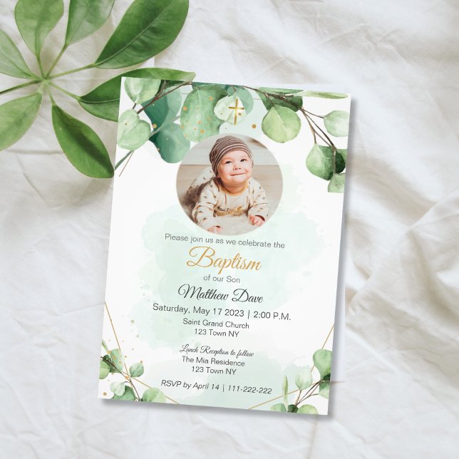 Eucalyptus green leaves photo Baptism Invitation (Eucalyptus Green Leaves Photo Baptism Invitation)