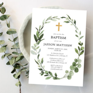 Eucalyptus green leaves simple baptism invitation