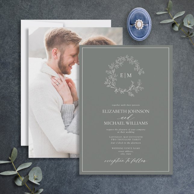 Eucalyptus Green Monogram Photo Wedding Invitation (Creator Uploaded)