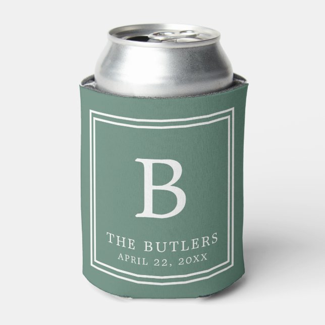 Eucalyptus Green Monogram Wedding Can Cooler (Can Front)