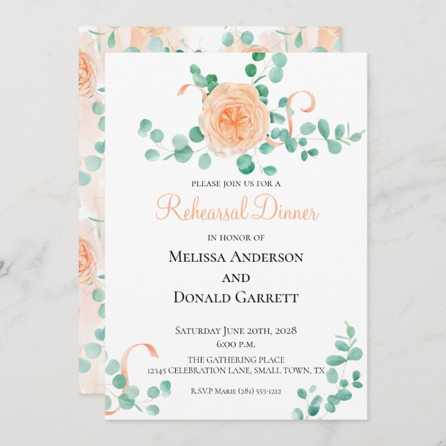 Eucalyptus Green Peach Floral Rehearsal Dinner Invitation (Front/Back)
