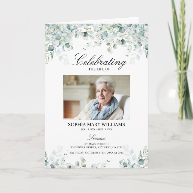 Eucalyptus Green Photo Memorial Funeral Programs Card (Front)