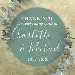 Eucalyptus Green Signature Wedding Favour Thank Yo Classic Round Sticker<br><div class="desc">Eucalyptus green signature wedding favour thank you classic round sticker featuring signature style names. Personalise with your special thank you information in chic typography. Designed by Thisisnotme©</div>
