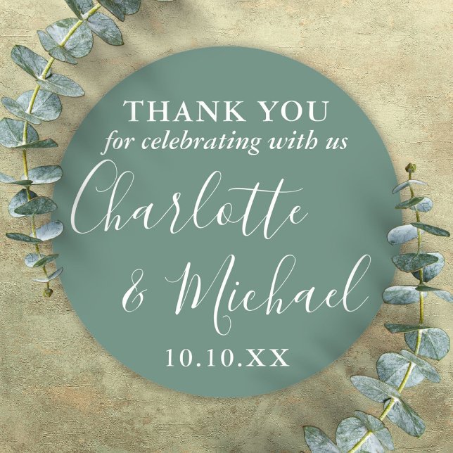 Eucalyptus Green Signature Wedding Favour Thank Yo Classic Round Sticker (Eucalyptus Green Signature Wedding Favor Thank You Classic Round Sticker)