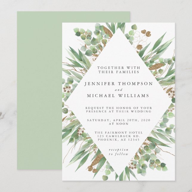 Eucalyptus Green Watercolor & Gold Wedding Invitation (Front/Back)