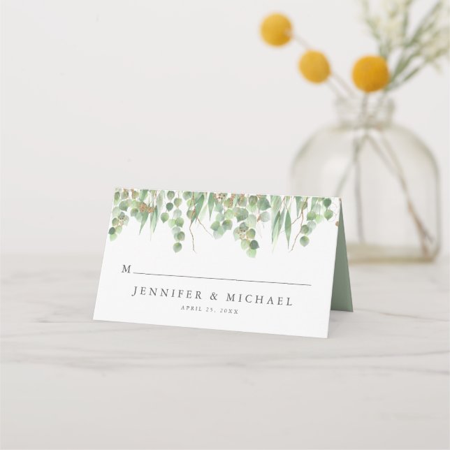 Eucalyptus Green Watercolor & Gold Wedding Place Card (Front)