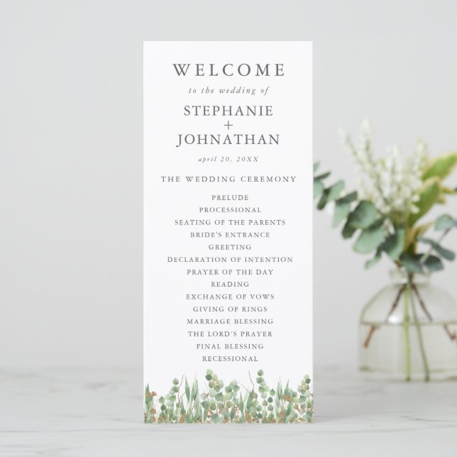 Eucalyptus Green Watercolor & Gold Wedding Program Menu (Standing Front)