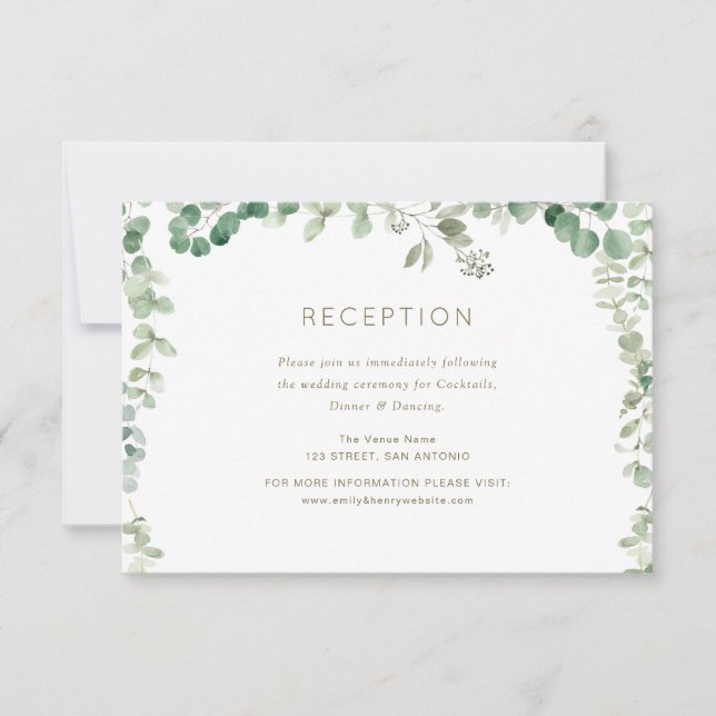 eucalyptus green wedding reception card (Front)
