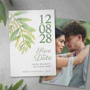 Eucalyptus green white photo wedding save the date