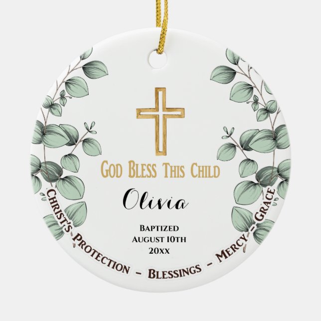 Eucalyptus Greenary Christening Baptism Ceramic Tree Decoration (Front)