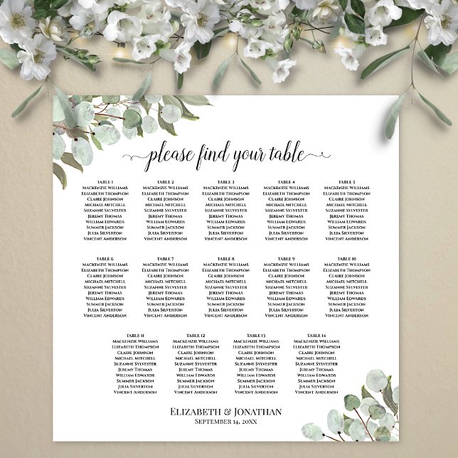Eucalyptus Greenery 14 Table Wedding Seating Chart (In Situ on Wall with Flowers)
