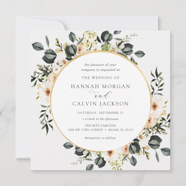 Eucalyptus Greenery and Ivory Floral Wedding Invitation (Front)