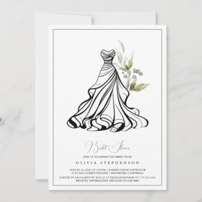 Eucalyptus Greenery and Wedding Dress Invitation (Front)