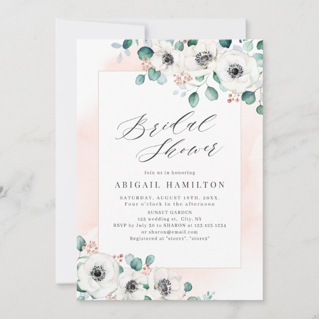 Eucalyptus greenery anemone floral bridal shower invitation (Front)