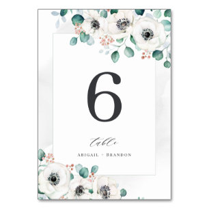 Eucalyptus greenery anemone floral wedding table number