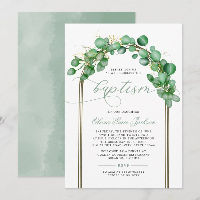 Eucalyptus Greenery Arch Baptism Invitation (Front/Back)