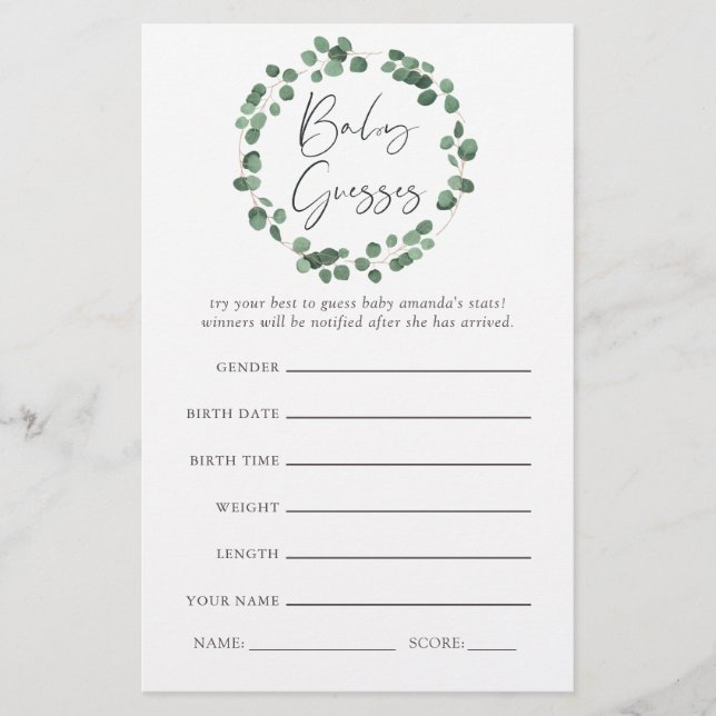 Eucalyptus Greenery Baby Shower Game (Front)