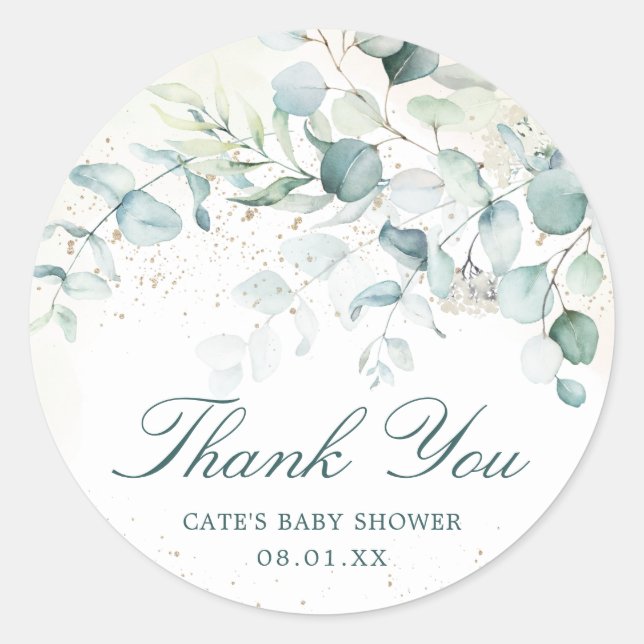 Eucalyptus Greenery Baby Shower Thank You Classic Round Sticker (Front)