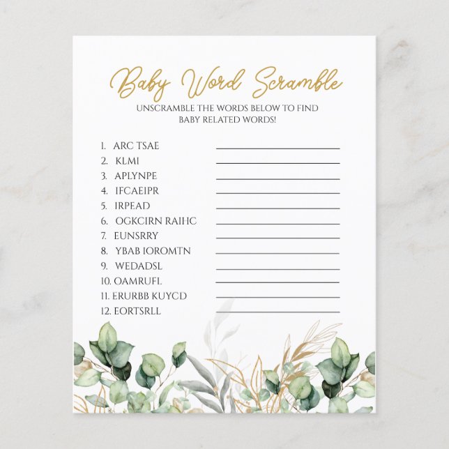 Eucalyptus Greenery Baby Shower Word Scramble Game (Front)