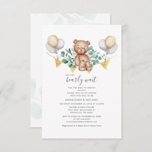 Eucalyptus Greenery Bear Couples Baby Shower Invitation (Front/Back)