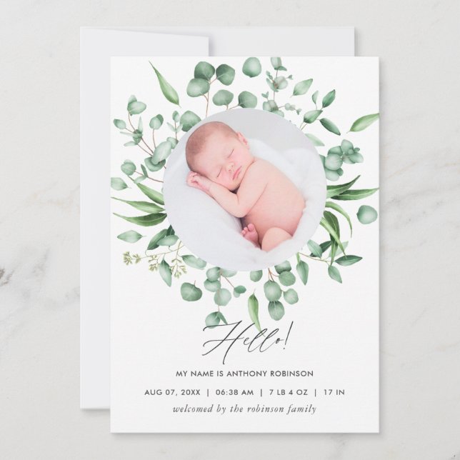 Eucalyptus Greenery Birth Announcement Photo Card (Front)