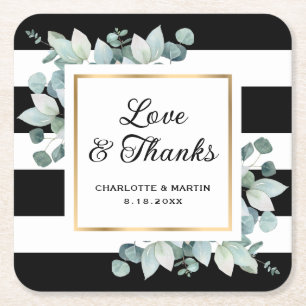 Eucalyptus Greenery Black and White Wedding Square Paper Coaster