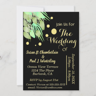 Eucalyptus Greenery Black & Gold Wedding Invitation
