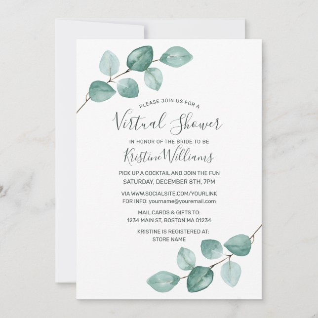 Eucalyptus Greenery Black Virtual Bridal Shower Invitation (Front)