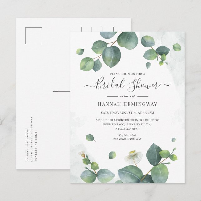 Eucalyptus Greenery Blush Bridal Shower Invitation Postcard (Front/Back)