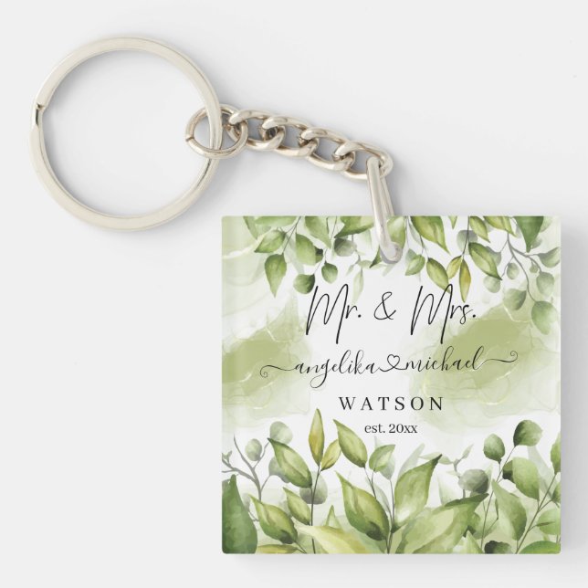 Eucalyptus Greenery Blush Modern Trendy Script Key Ring (Front)