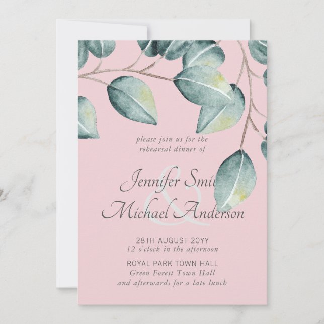 Eucalyptus Greenery Blush Pink Navy Blue Wedding (Front)