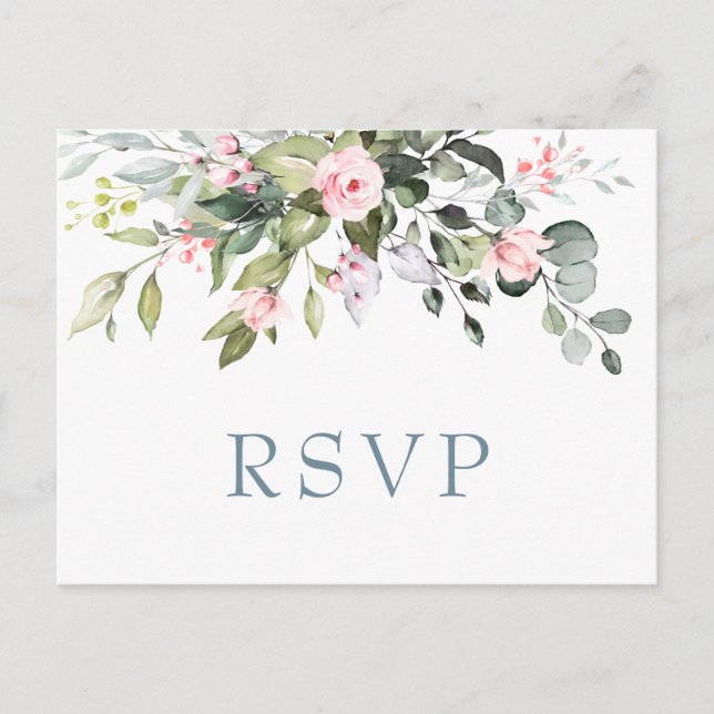 Eucalyptus Greenery Blush Roses Wedding RSVP Postcard (Front)