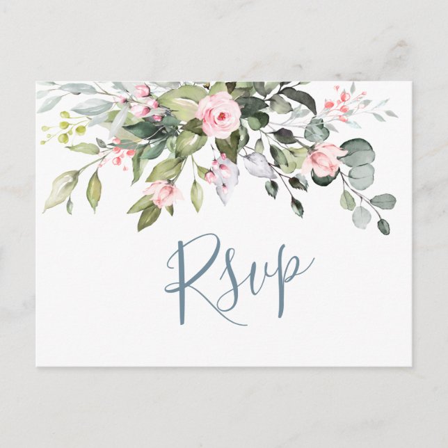 Eucalyptus Greenery Blush Roses Wedding RSVP Postcard (Front)