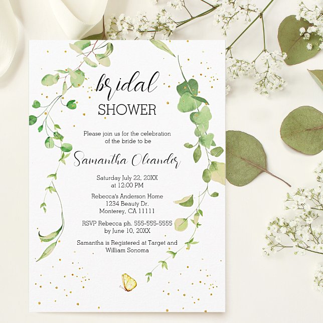 Eucalyptus Greenery Boho Bridal Shower Invitation (Eucalyptus Greenery Boho Bridal Shower Invitations with gold sparkle details.)