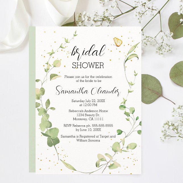Eucalyptus Greenery Boho Bridal Shower Invitation (Elegant Eucalyptus Greenery with Gold Sparkles and Butterfly Bridal Shower Invitations.)