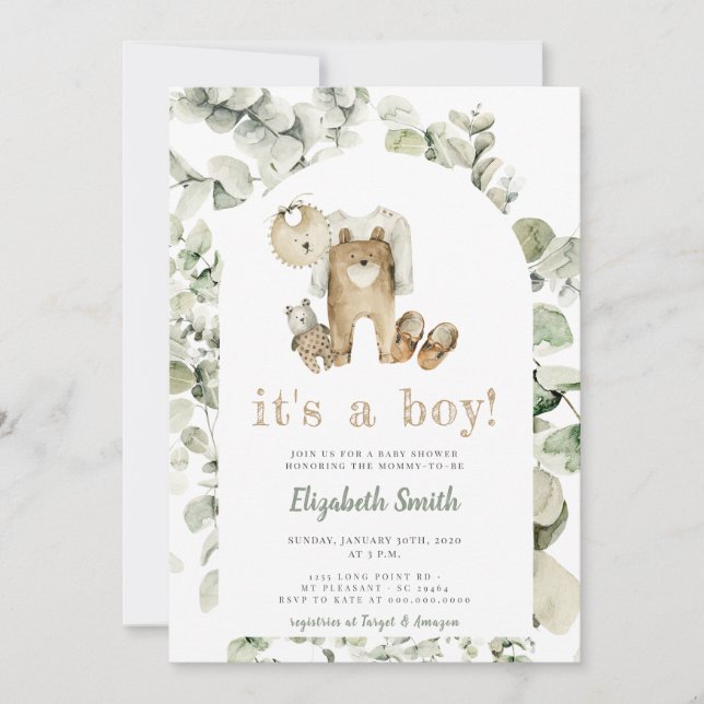 Eucalyptus Greenery Boho It's a Boy Baby Shower Invitation (Front)