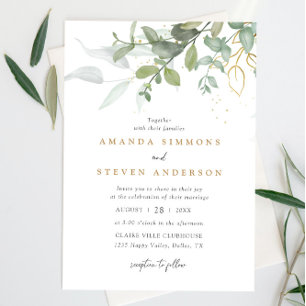 Eucalyptus Greenery Boho Sage Green Gold Wedding Invitation