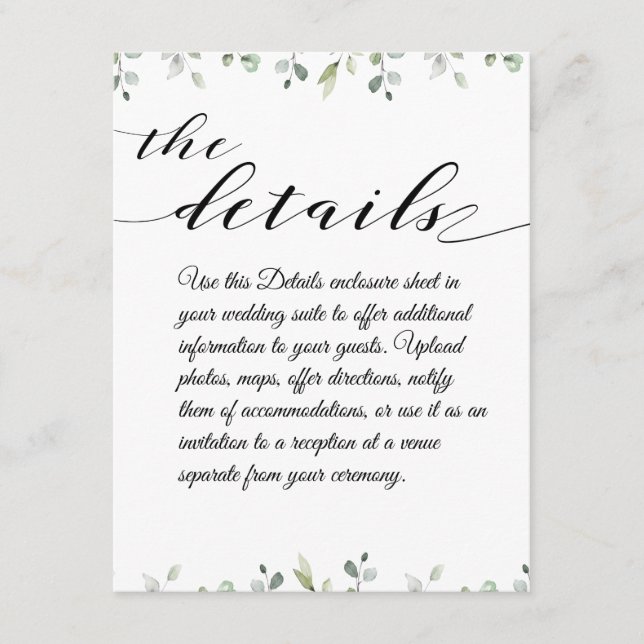 Eucalyptus Greenery Border Black Wedding Details Enclosure Card (Front)