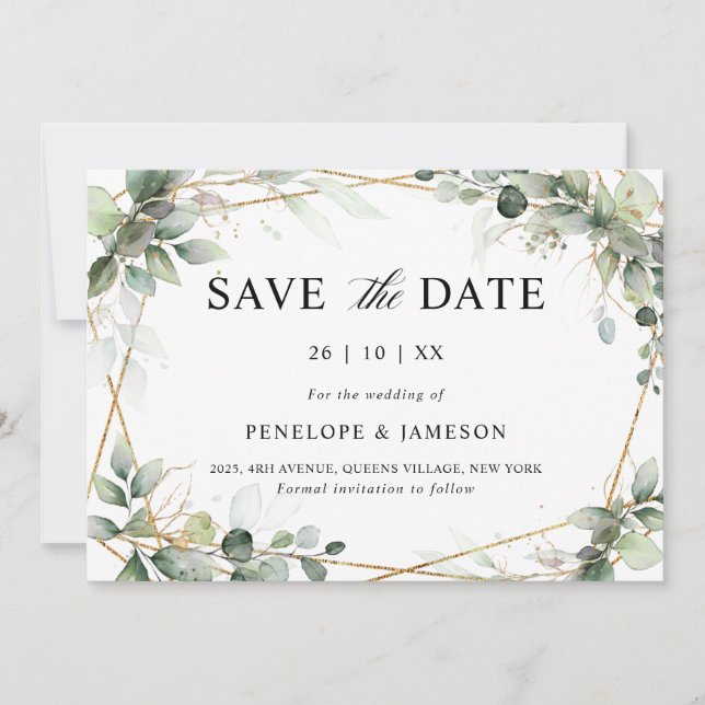 Eucalyptus Greenery Botanical Geometric Wedding Sa Save The Date (Front)