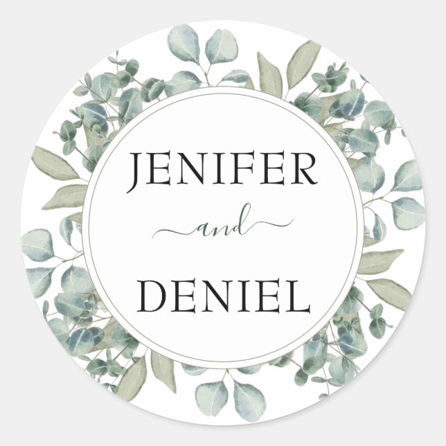 Eucalyptus Greenery Botanical Wedding Classic Round Sticker (Front)