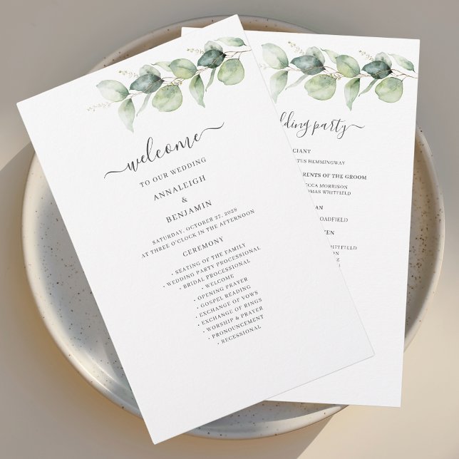Eucalyptus Greenery Botanical Wedding Program (Elegant Eucalyptus Greenery Script Wedding Welcome Program Stationery)