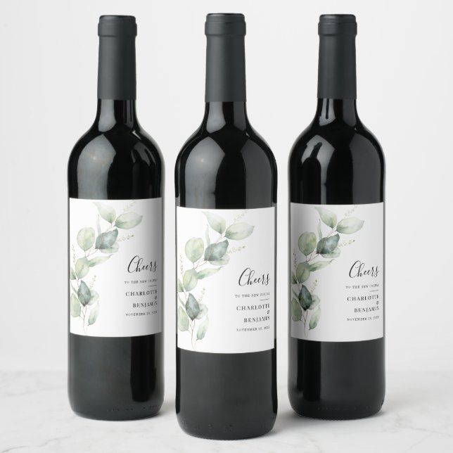 Eucalyptus Greenery Botanical Wedding Wine Label (Bottles)
