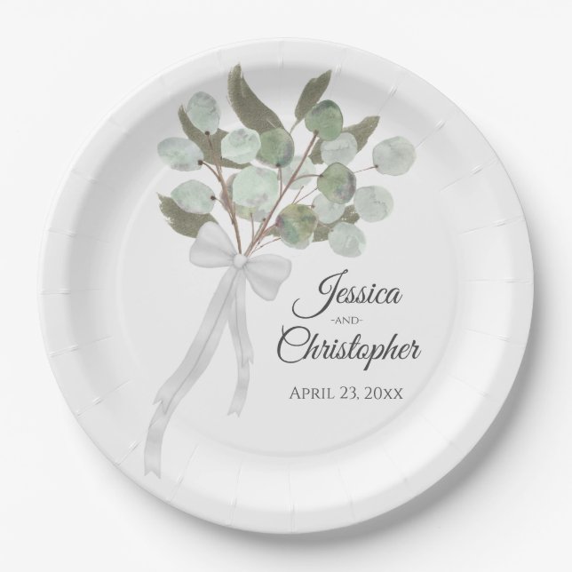 Eucalyptus & Greenery Bouquet Watercolor Wedding Paper Plate (Front)