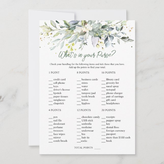 Eucalyptus Greenery Bridal What's in Your Purse Invitation (Front)
