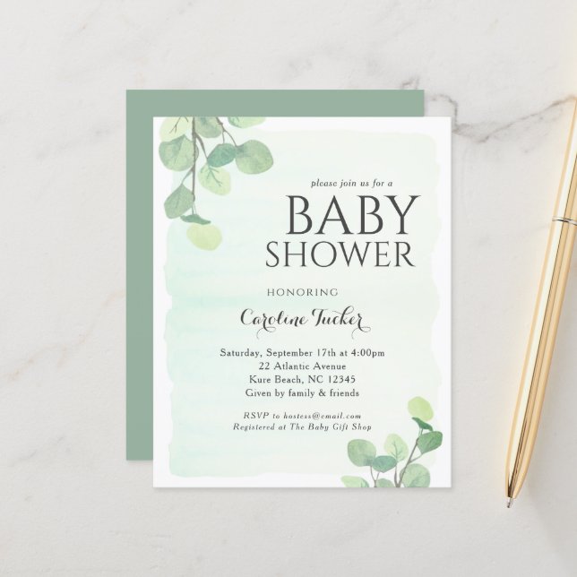 Eucalyptus Greenery Budget Baby Shower Invitation (Front/Back In Situ)