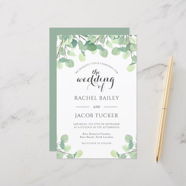 Eucalyptus Greenery Budget Wedding Invitation (Front/Back In Situ)
