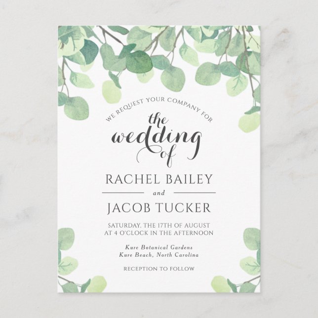 Eucalyptus Greenery Budget Wedding Invitation Postcard (Front)